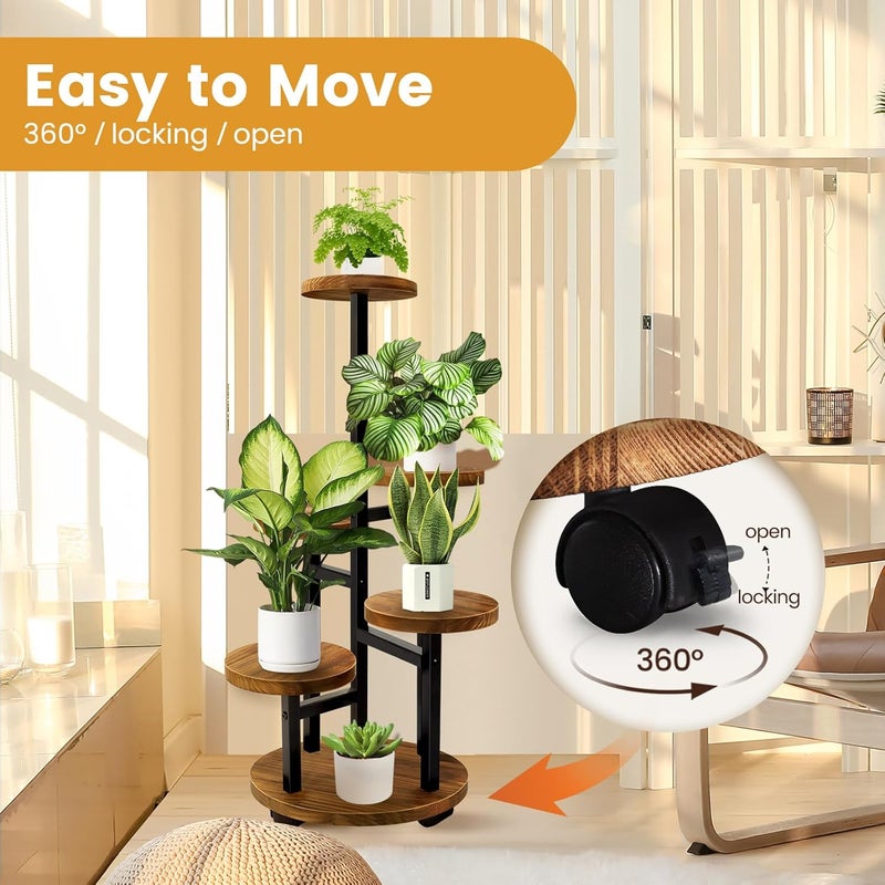 GEEBOBO 5 Tier Plant Stand With 4 Wheels, Metal Wood Tall Plant Stands For Indoor Plants Multiple, Corner Tiered Flower Plants Shelf Stand for Living Room Bedroom, Brown - Image 3